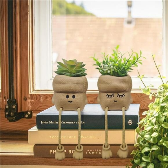 Set of 2 Smiley Face Succulent Planters with Artificial Plants Small Home Office - Picture 5 of 7